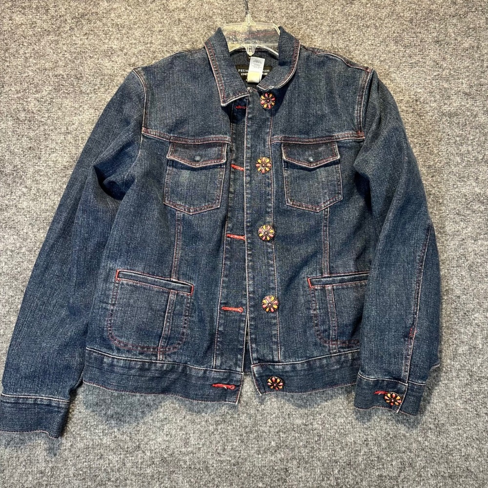 Jones New York Sport Denim Jacket Womens PL Blue Boho Floral Button Red Stitch